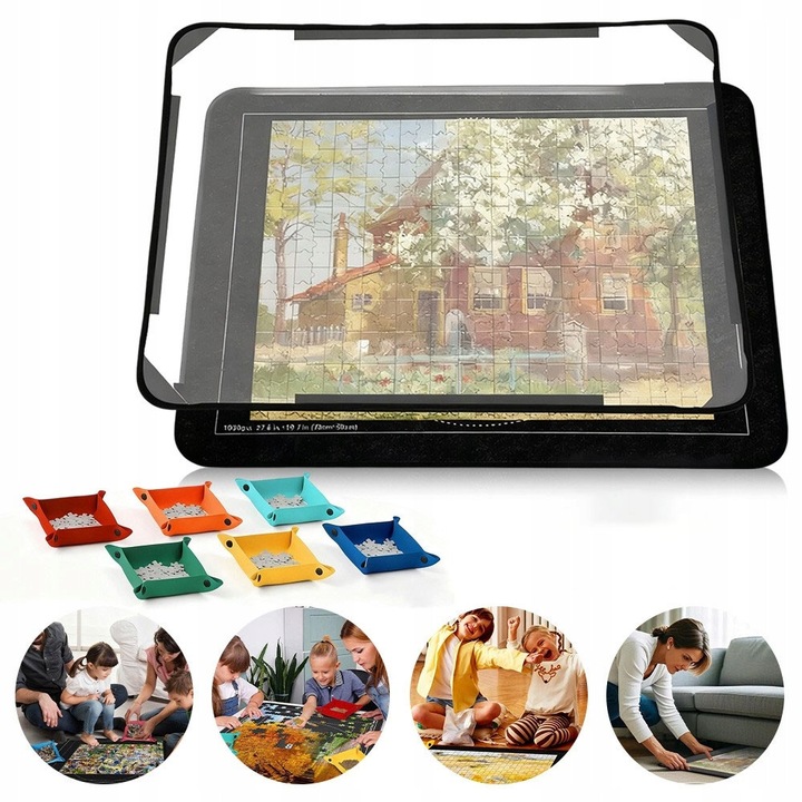 Mata pentru puzzle, BEDEE, 1000 elemente, 6 tavite de sortare, neagra, 81x56x0,9cm