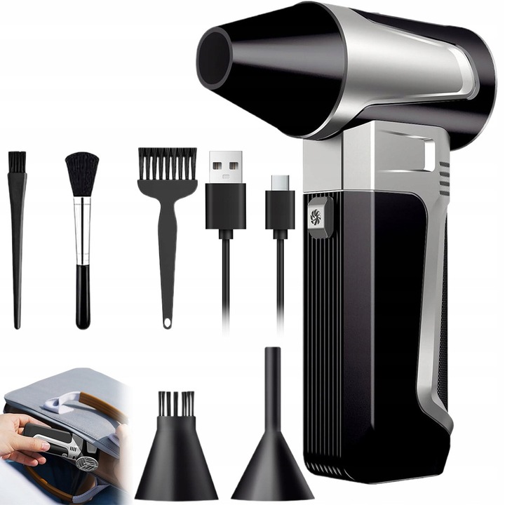 Mini Dmuchawa Electrica BEDEE, 160000 RPM, 3 Viteze, Srebrno-Creana, Capacitate Baterie 5000mAh, Set Completo