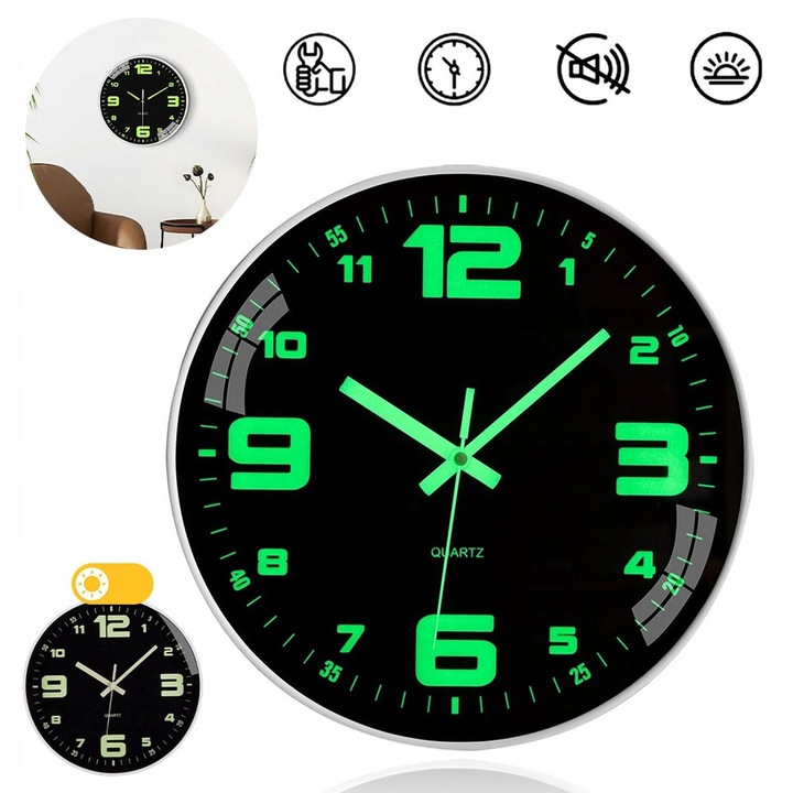 BEDEE falióra 30 cm, fekete háttér, fehér keret, sötétben világító, halk