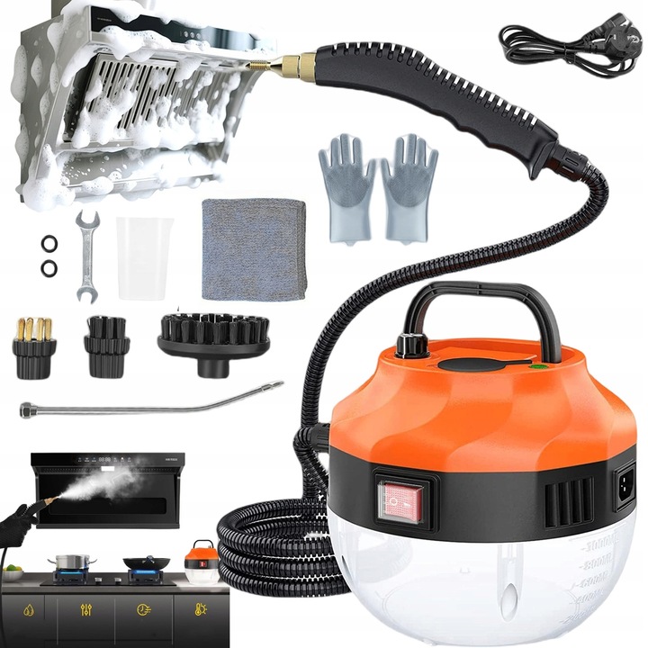 Aparat de curatat cu abur 2500W, 6 niveluri de abur, negru si portocaliu, 20x22cm, set complet accesorii