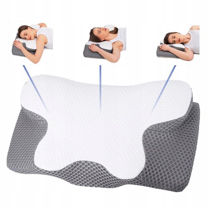 Perna ortopedica pentru somn, 60x34cm, gri si alb, din spuma cu memorie, design ergonomic