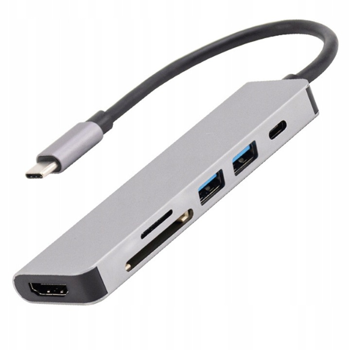 Hub USB-C 6 in 1, 2x USB 3.0, HDMI 4K, SD, microSD, gri, 11x3x1cm