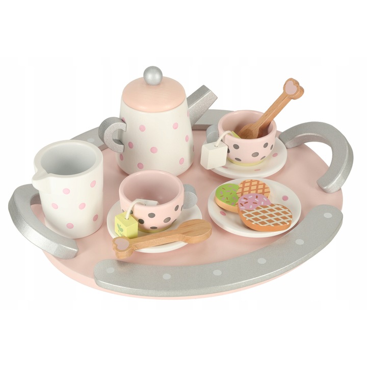 Set servire ceai si cafea din lemn Lulilo, roz-gri, pentru copii 3+, 27,7x23x1,5cm