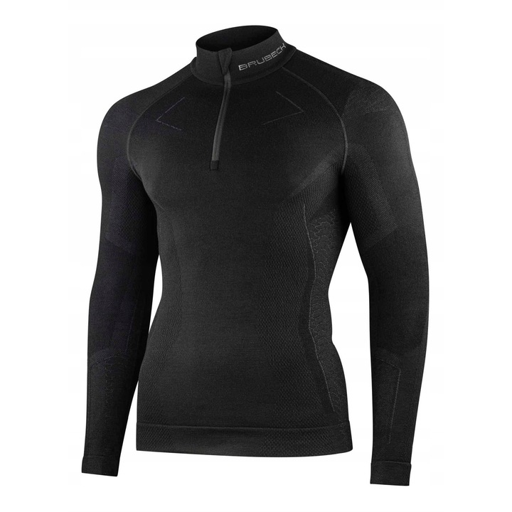 Bluza sport barbati Brubeck, negru, lana merino, maneca lunga, fermoar, 2XL INTL