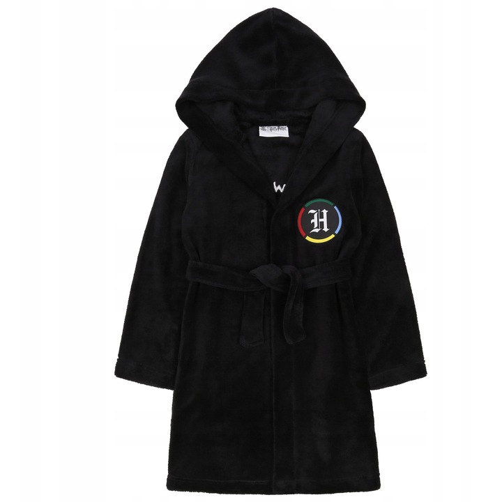 Children's bathrobe Harry Potter, Hogwarts, black, 116-122cm, with hood, tied at the waist