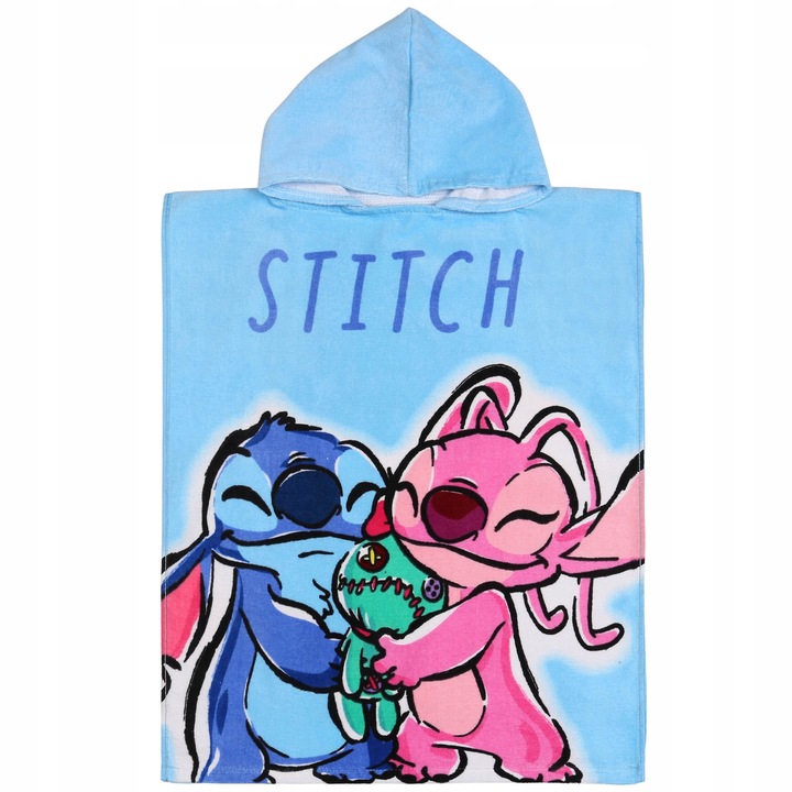 Пончо за баня Disney Stitch, дизайн със Ститч и Ейнджъл, 100% памук, L