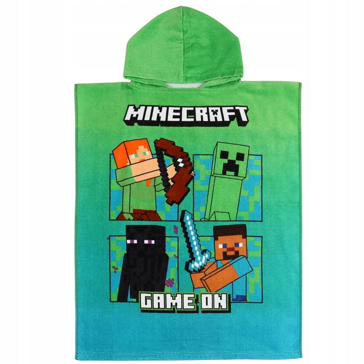 Детско плажно пончо Minecraft, гейминг дизайн, с качулка, многоцветно, L (135-152см)