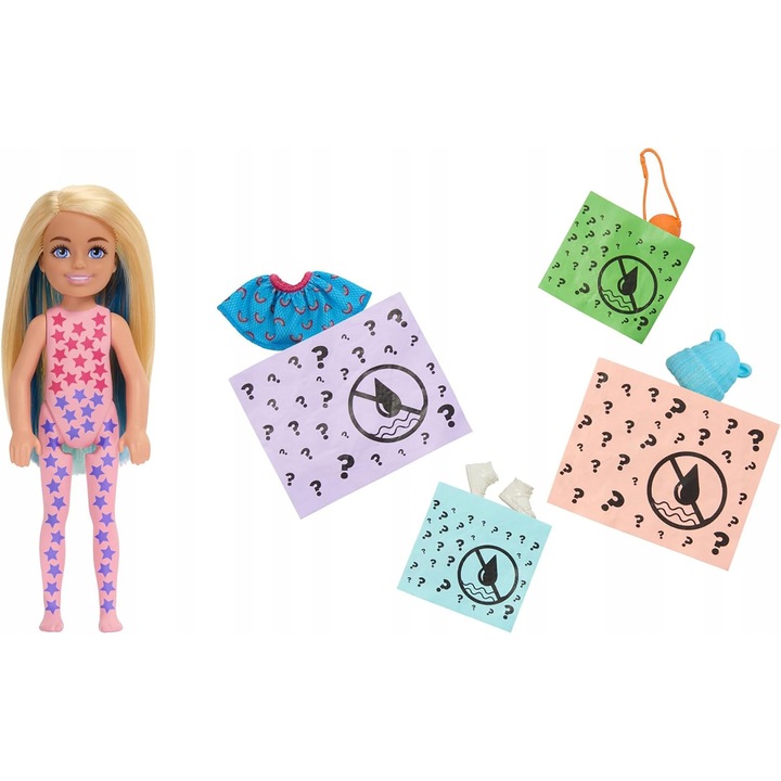 Set papusi Barbie Chelsea Color Reveal, sport, accesorii ascunse, multicolor