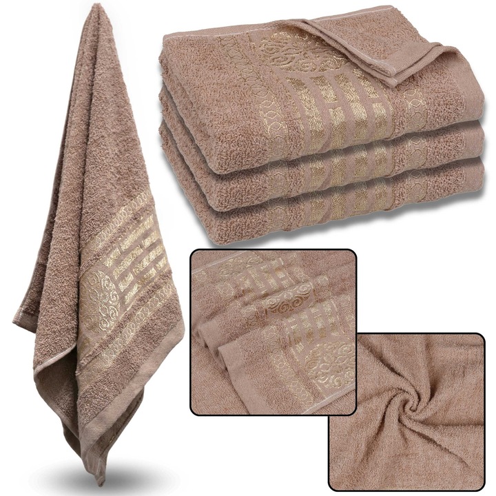 Prosoape set 3, prosoape bai bumbac, 70x135 cm, culoare maro, broderie aurie