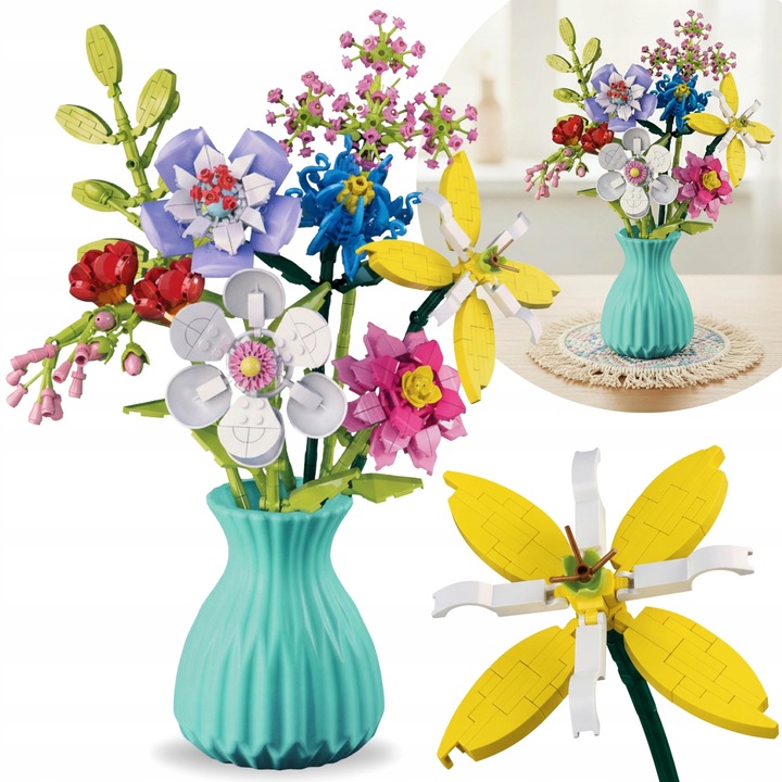 Set de constructie Mega Creative, 8 flori campenesti in vaza, 778 piese, pentru copii 6+