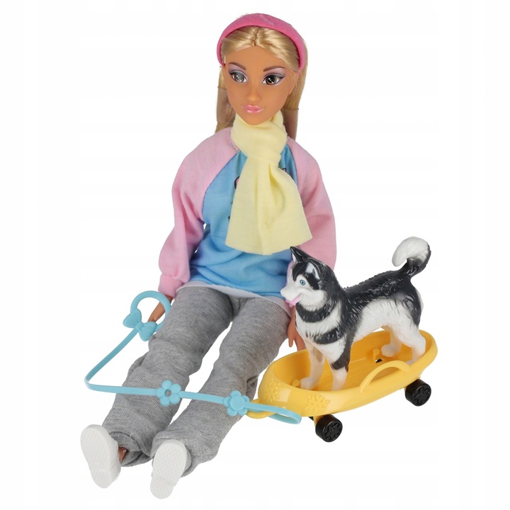 Papusa cu accesorii de iarna, Mega Creative, 29 cm, set cu figura caine Husky si caruta pentru caini