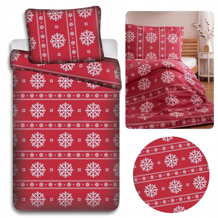 Lenjerie de pat, cearsaf rosu cu modele festive, 140x200cm, 100% bumbac, cu fermoar