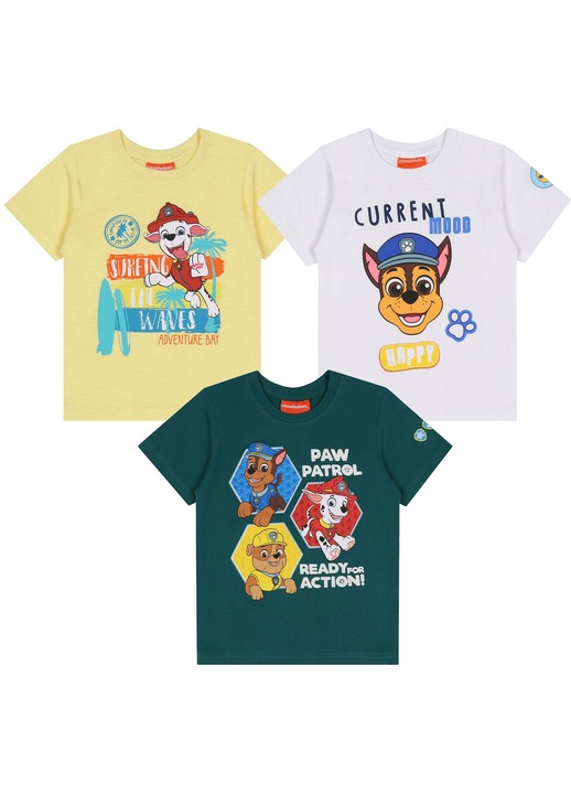 Комплект 3 детски тениски, Paw Patrol, памук, къс ръкав, многоцветен, 122 CM
