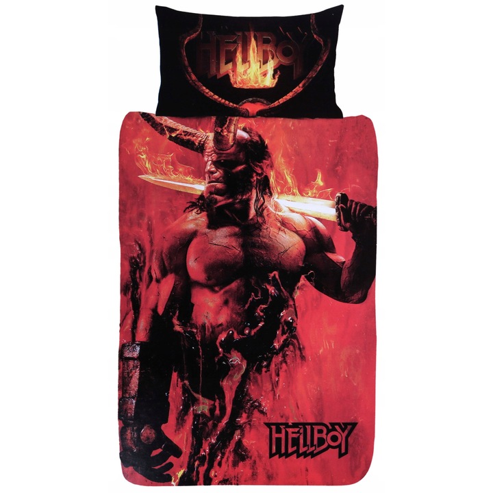 Set lenjerie de pat Hellboy, rosu-negru, 135x200cm, cu perna 49x74cm