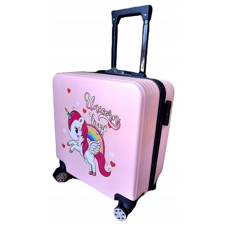 Troler copii, unicorn, roz, 47x40x24cm, cu maner telescopic si 4 roti 360°