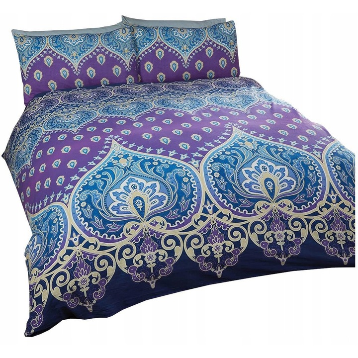 Lenjerie de pat set 200x200cm, 2 posz, violet si gri, 50% bumbac, 50% poliester