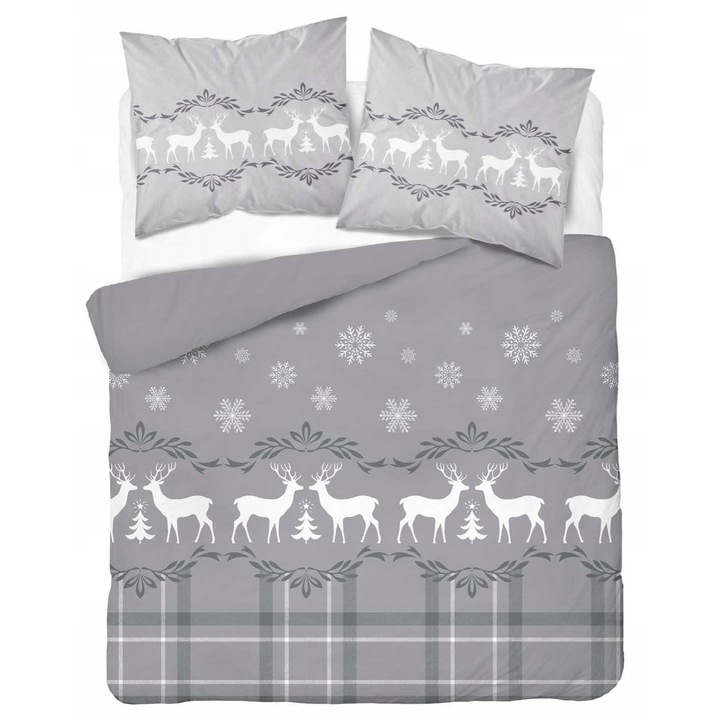 Lenjerie de pat Detexpol, 160x200cm, reniferi si stele, gri, cu fermoar