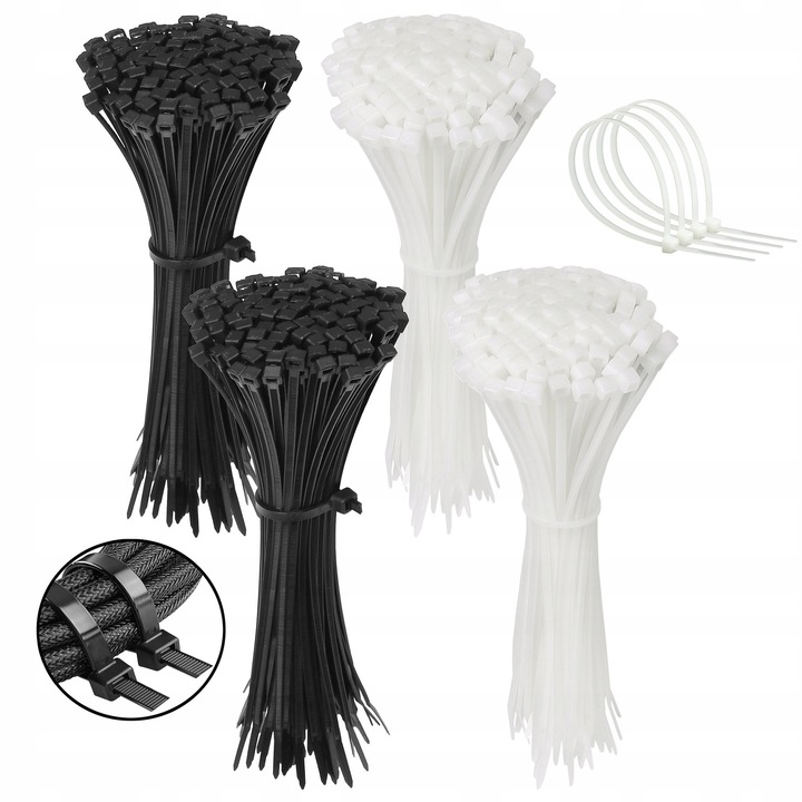 Opaski zaciskowe set 400 buc, 200x4,8mm, poliamid, alb-negru, rezistente la UV, temperatura max +85C