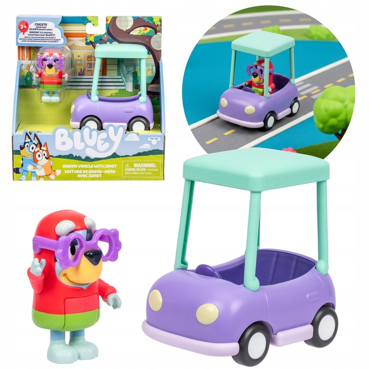 Фигурка Bluey, комплект Кола на баба с Джанет, лилаво превозно средство, 3+