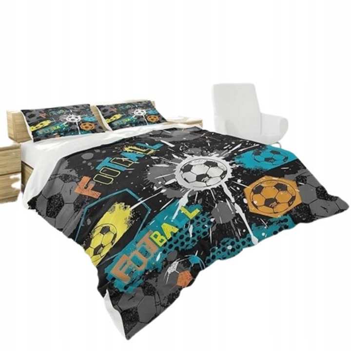 Set lenjerie de pat fotbal, 135x200cm + 2x50x75cm, microfibra, multicolor