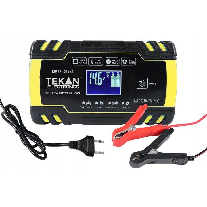 Redresor auto TEKAN 12V 8A - 24V 4A, functie de reparare, compact, negru-galben, 17x10cm