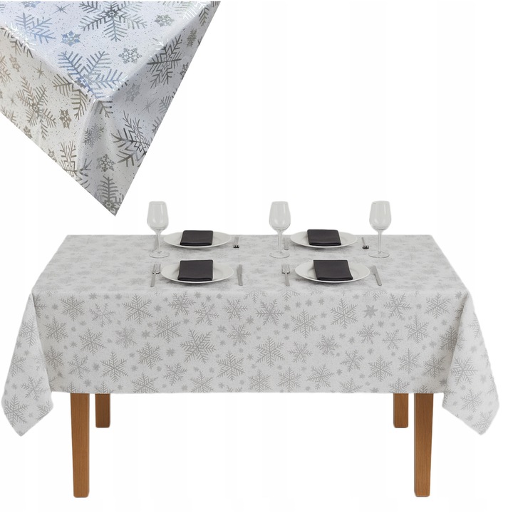Obrus festiv alb cu imprimeu argintiu, 152x305 cm, material plamoodpor, design fulgi de zapada