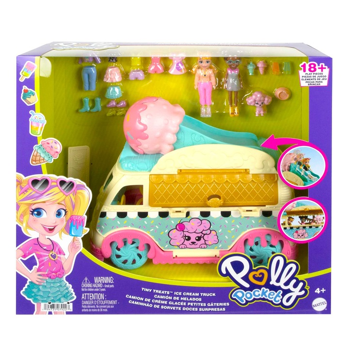 Set Polly Pocket, furgoneta mobila cu inghetata, 18 elemente, culori variate, 7,5 cm