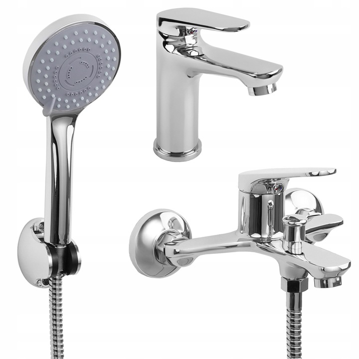 Set baterii sanitare Yoka Home, umywalka si baterie wanna, cromat, 35mm, 2 furtunuri 40cm, 5 functii dus