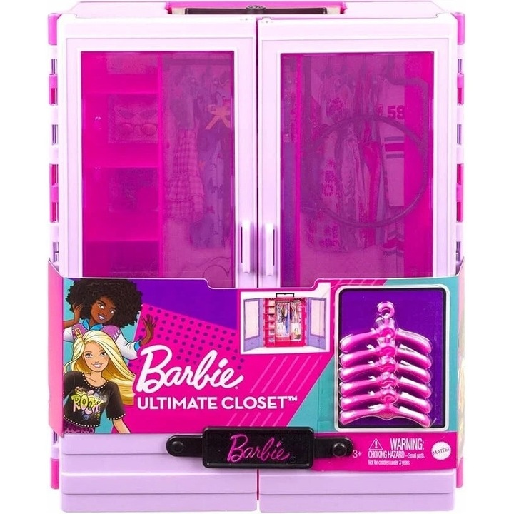 Set Barbie, dulap de vis pentru haine, cu umerase si papusa, roz