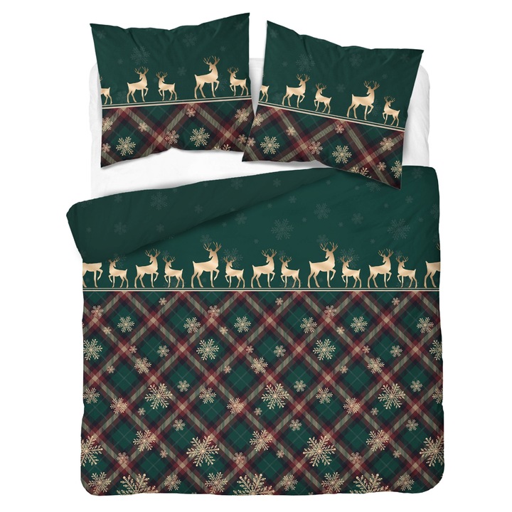 Set lenjerie de pat Detexpol, 200x220cm, 2 perne 70x80cm, model cu reni aurii si fulgi de zapada, bumbac