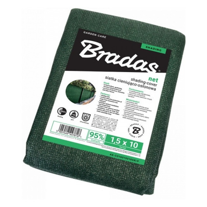 Siatca de umbrire Bradas 1,5x10m 95% verde, 160g/m², set cu 100 opasek de montaj
