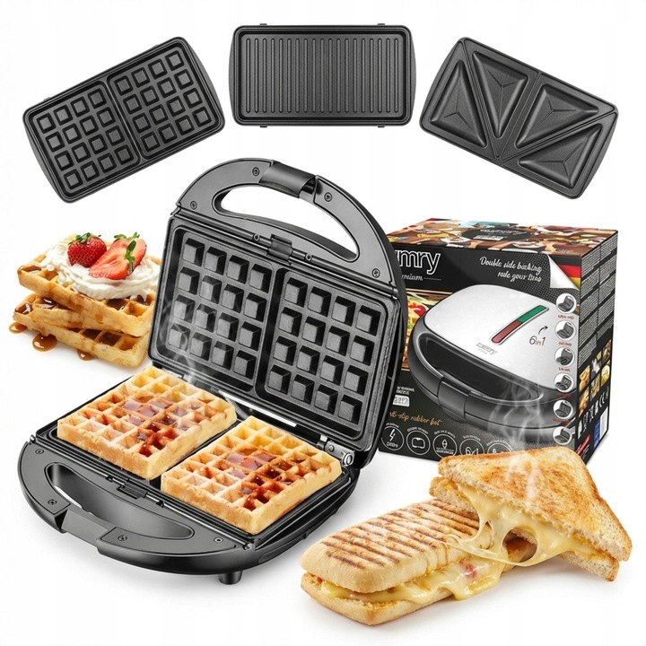 Opiekacz multifunctional 6 in 1 Camry CR 3057, 1200W, negru/silver, dimensiuni 22,5x22x10cm