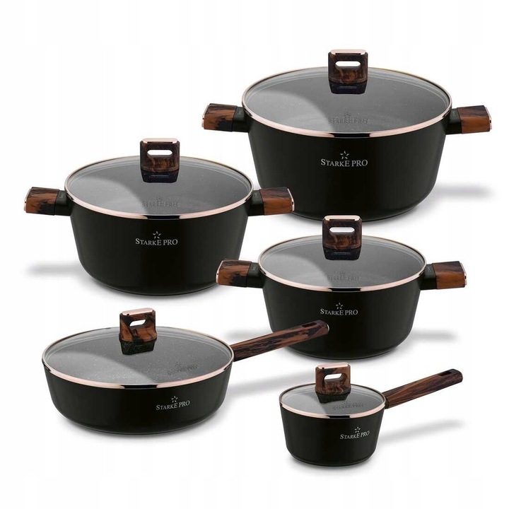 Set oale Starke Pro Starlet Brown, 10 piese, non-stick, aluminiu, negru cu manere maro