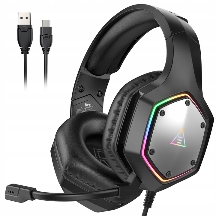 Casti gaming EKSA E1000V2, 7.1 sunet spatial, RGB, Type-C & USB-A, set pentru PC/PS4/PS5/Mac