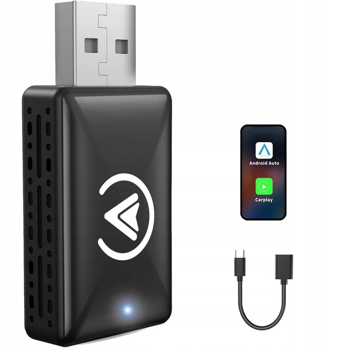 Adapter wireless 2 in 1 pentru Android Auto si Carplay, cablu USB C/A, mini, 50x24x13mm, negru