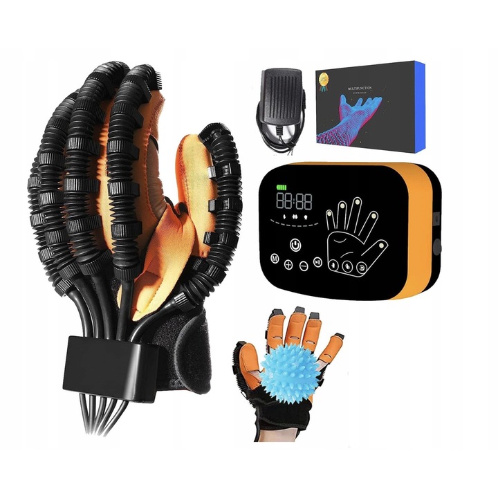 Manusa inteligenta de reabilitare, program de exercitii, biofeedback, portocalie-neagra, mana dreapta, marime L