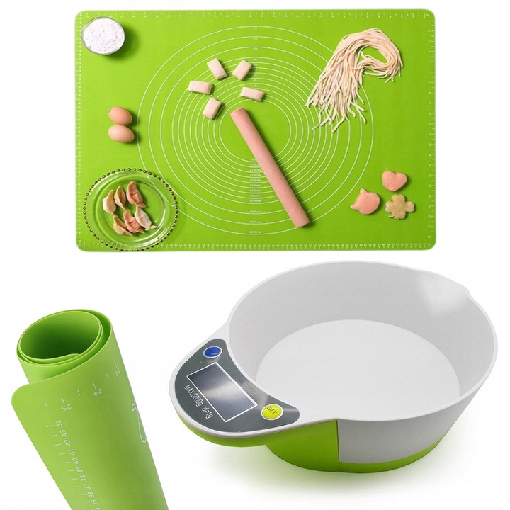 Set cantar de bucatarie cu bol si masa siliconica 70x50cm, verde