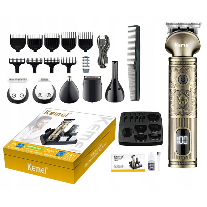 Set de ingrijire 7 in 1 Kemei KM-1637, trimmer pentru par, barba, nas, urechi si sprancene, design retro, culoare bronz