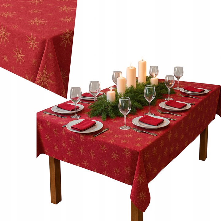 Obrus festiv rosu/bordo cu imprimeu auriu, plamoodpor, 152x305 cm