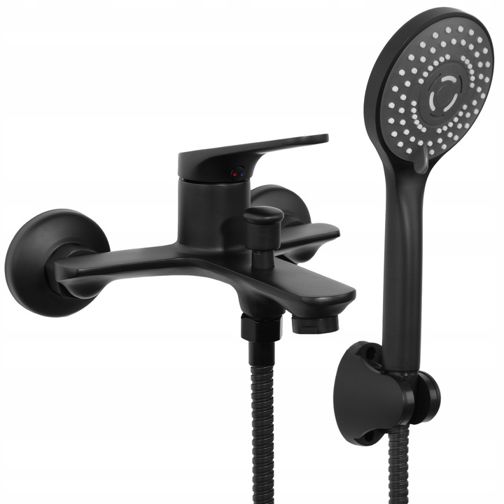 Baterie sanitara de perete Yoka Home, wannowo-prysznicowa, cu 5 functii, neagra, set complet