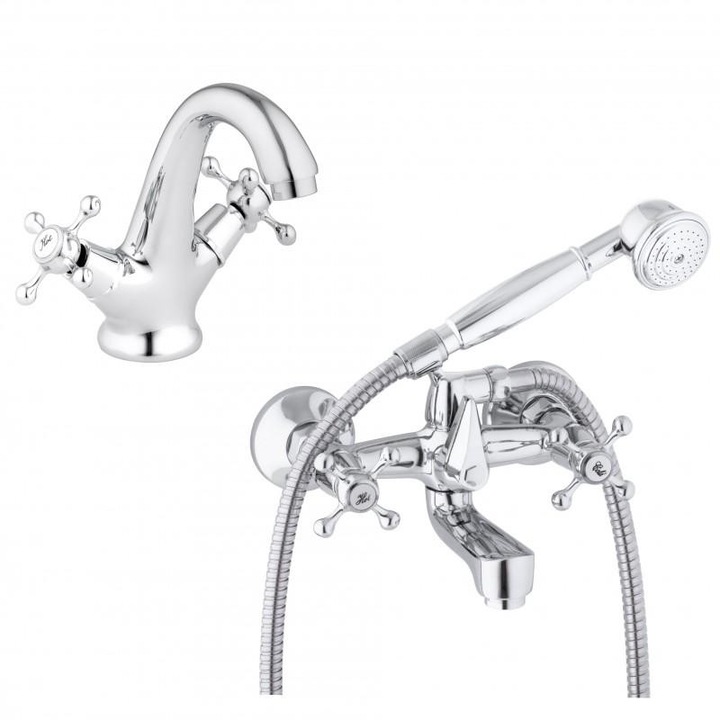 Set baterii retro, Yoka Home, umywalkowa si wannowo-prysznicowa, crom, 150cm, 40cm