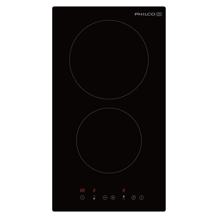 Plita electrica ceramica 2 zone Philco 28,8cm, 3000W, control tactil, dimensiuni 52x28,8x5,5cm