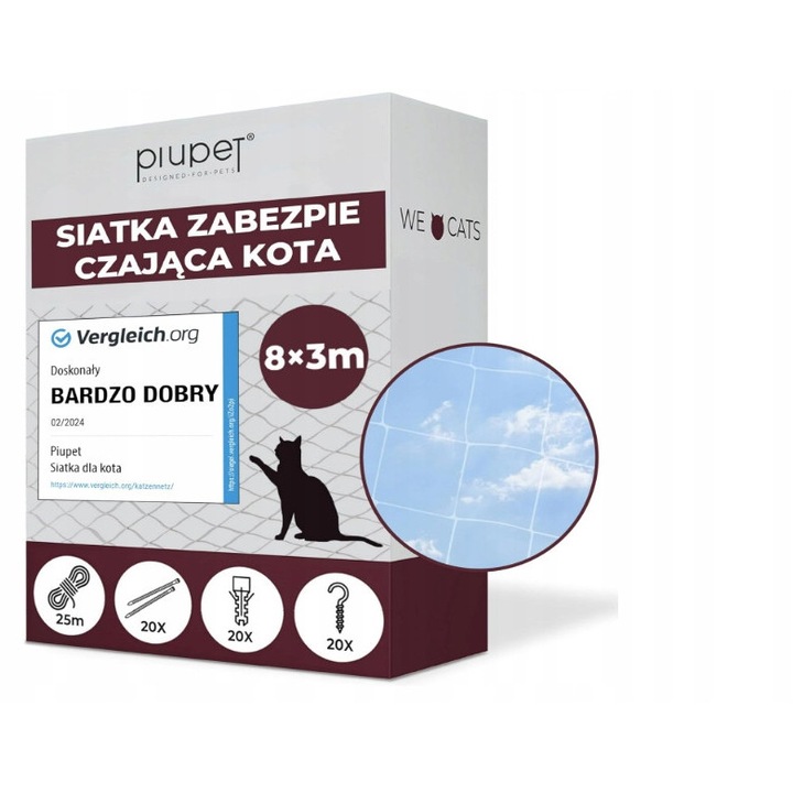 Plasa de protectie pentru pisici PiuPet 8x3m, nylon, transparent, set complet cu accesorii