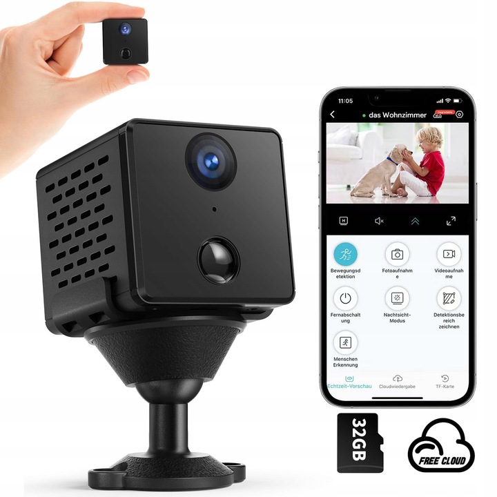 Camera de supraveghere WiFi 4K HD, detectie miscare, 32GB, 3000mAh