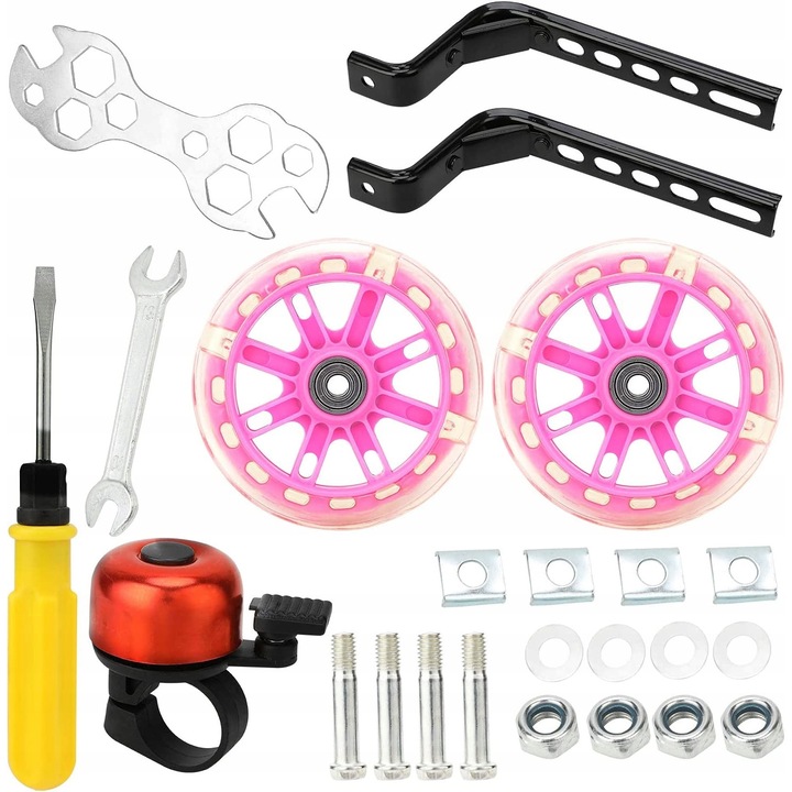 Roti ajutatoare bicicleta, roz, cu LED-uri, set complet pentru invatarea mersului pe bicicleta, 12-20 inch