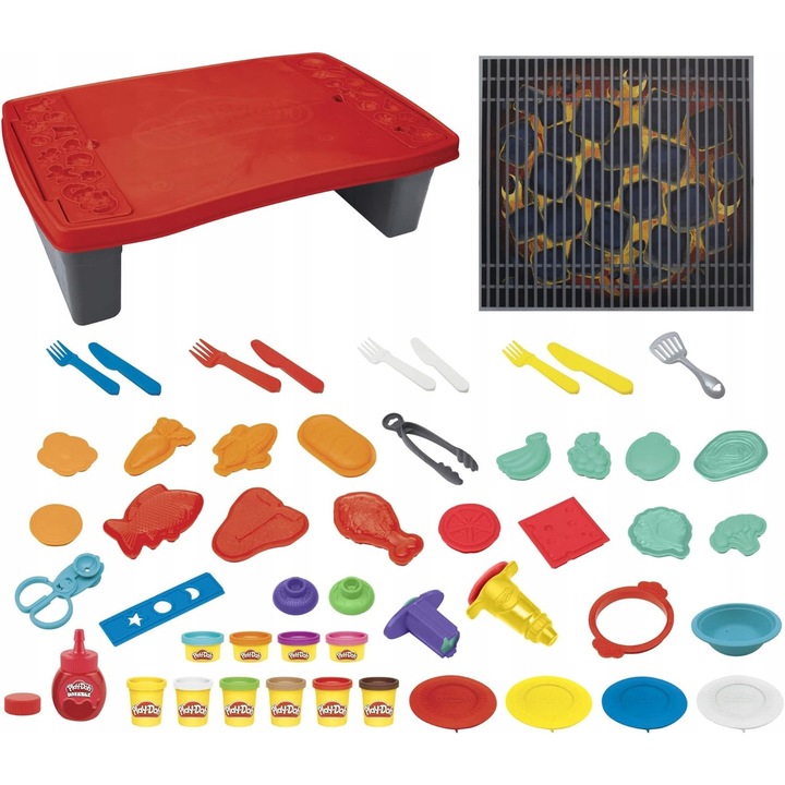 Set de joaca Play-Doh Kitchen Creations Big Grillin', 40 elemente, gratar cu accesorii, 10 culori, 53x16,5cm