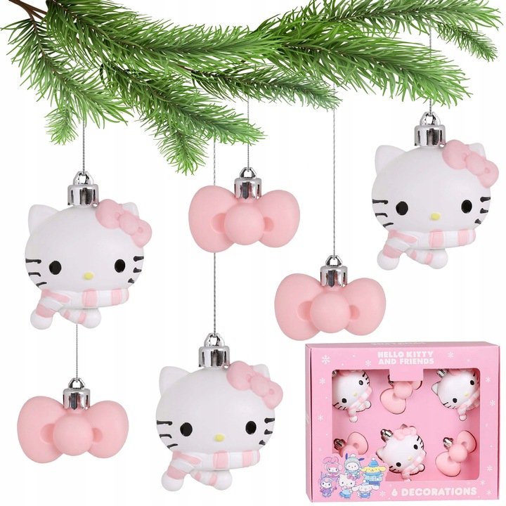 Set globuri de Craciun Hello Kitty, 6 bucati, nietaiate, multicolor