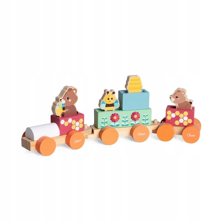 Trenulet de jucarie, Chicco, My Wood Friends, 3 vagoane colorate, 3 figurine, din lemn, 2+ ani