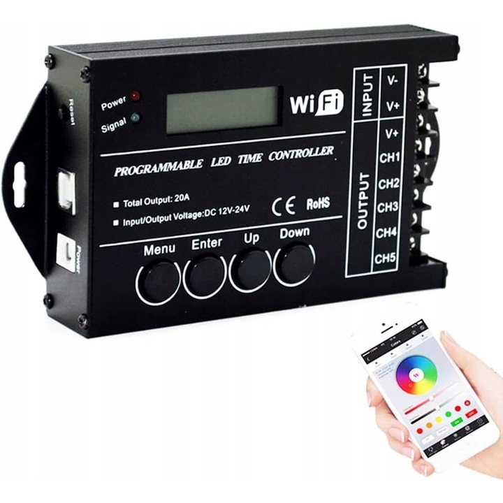 Controler LED RGB WiFi 12V 24V, programabil, pentru benzi LED