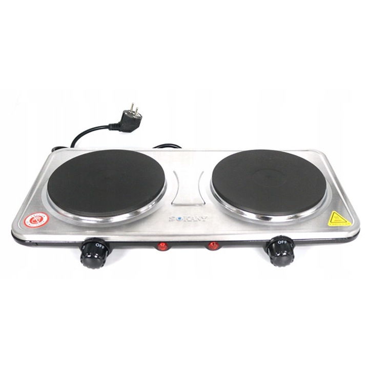 Plita electrica, Sokany, SK-5102, 2 arzatoare, inox, 2000W